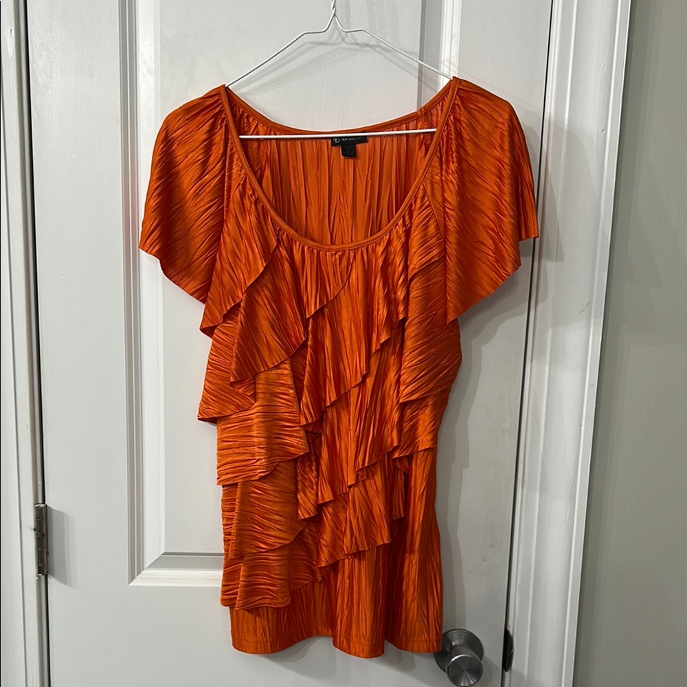 New Directions Orange Flutter Sleeve Ruffled Blouse